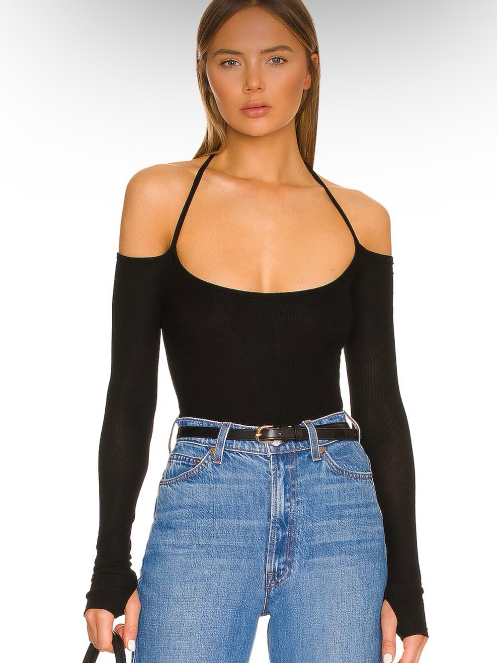 Michael Lauren “Dave” Black Cold-Shoulder long sleeve Ribbed Top - Revolve